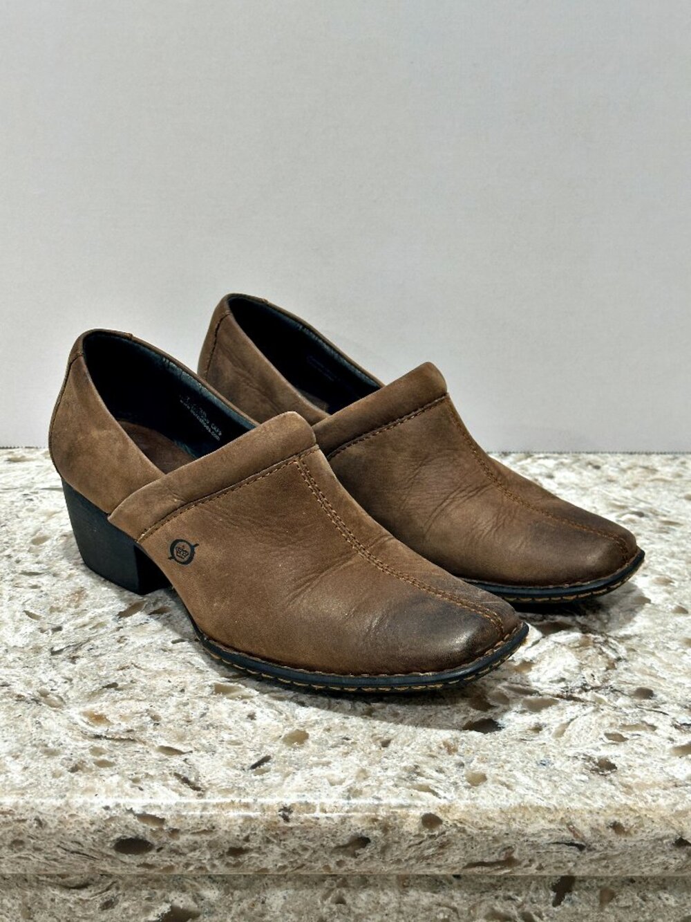 Born Women 7 Brown Leather Slip-on Boots Clogs Square Toe Western Block Heel Y2K
